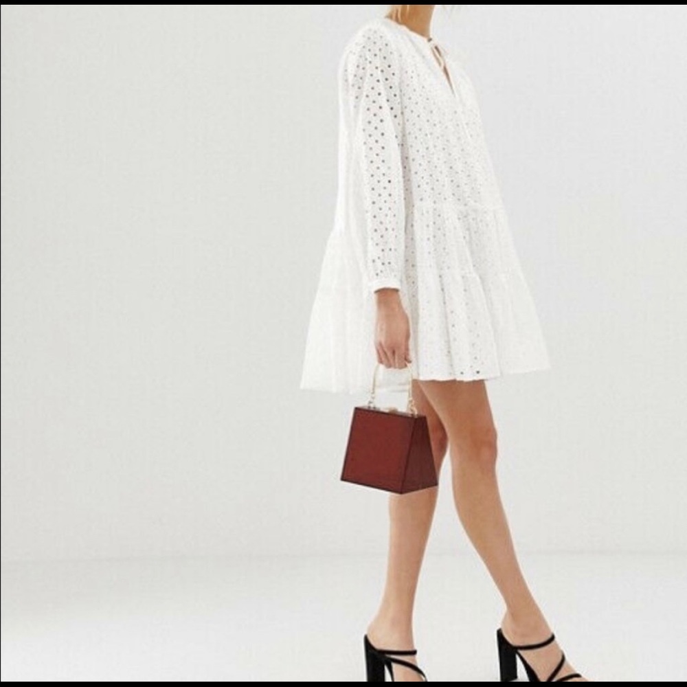 ASOS White Tiered Trapeze Minidress with eyelet detail